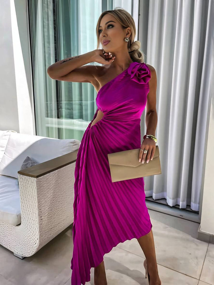 Levoire | Robe Plissée À Une Épaule Longue Sans Manches Femme Élégante Casual Prom Plage Lila Rot