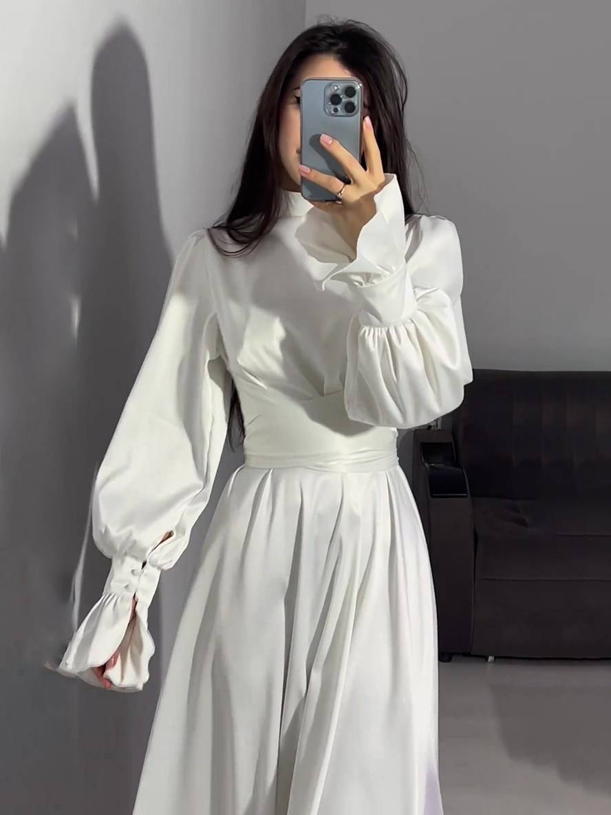 Levoire | Robe Longue À Col Roulé À Manches Volantées Puff Femme Douce Élégante Soirée Anniversaire Cérémonie