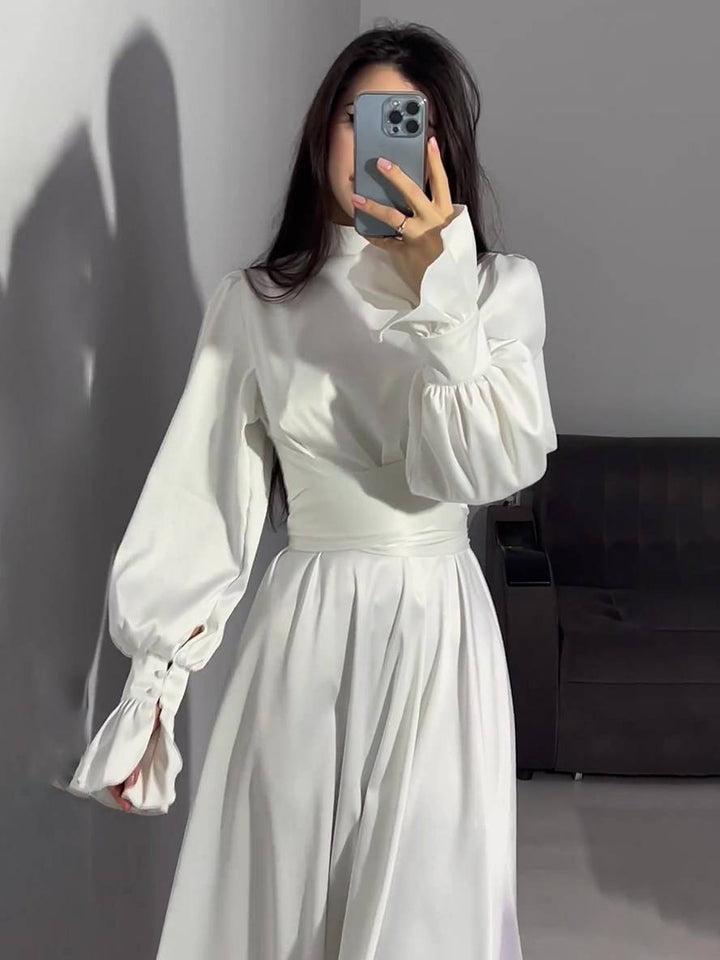 Levoire | Robe Longue À Col Roulé À Manches Volantées Puff Femme Douce Élégante Soirée Anniversaire Cérémonie