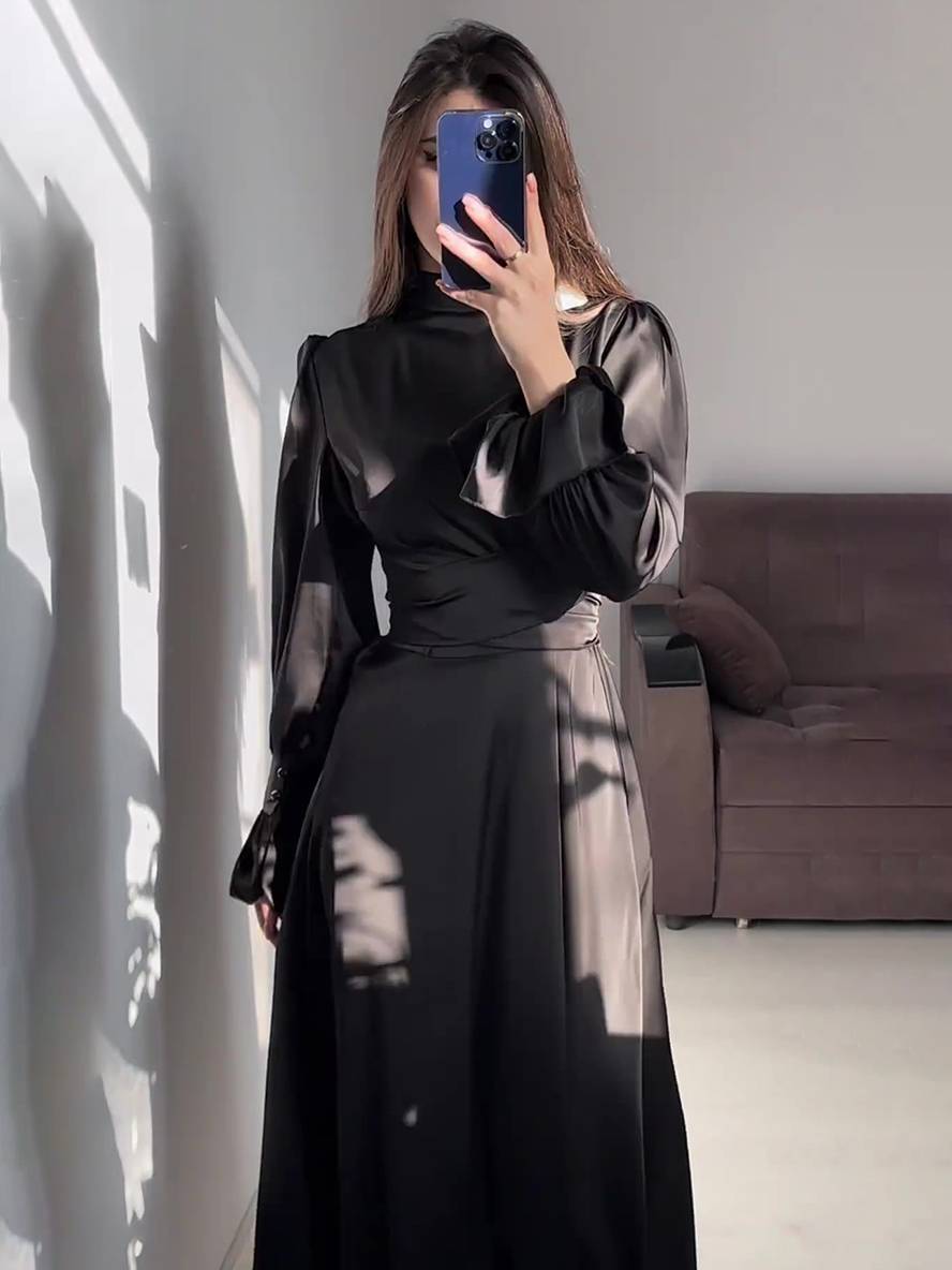 Levoire | Robe Longue À Col Roulé À Manches Volantées Puff Femme Douce Élégante Soirée Anniversaire Cérémonie