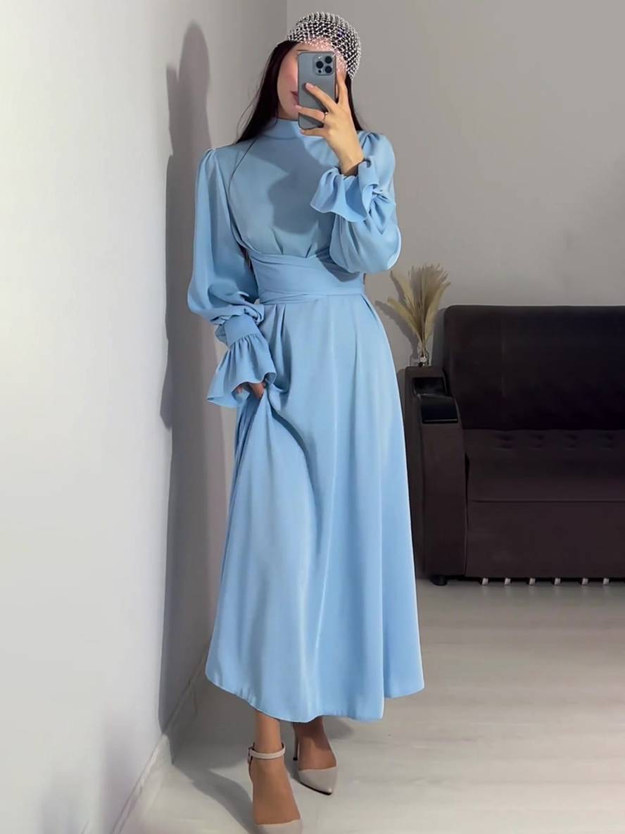 Levoire | Robe Longue À Col Roulé À Manches Volantées Puff Femme Douce Élégante Soirée Anniversaire Cérémonie Bleu pastel