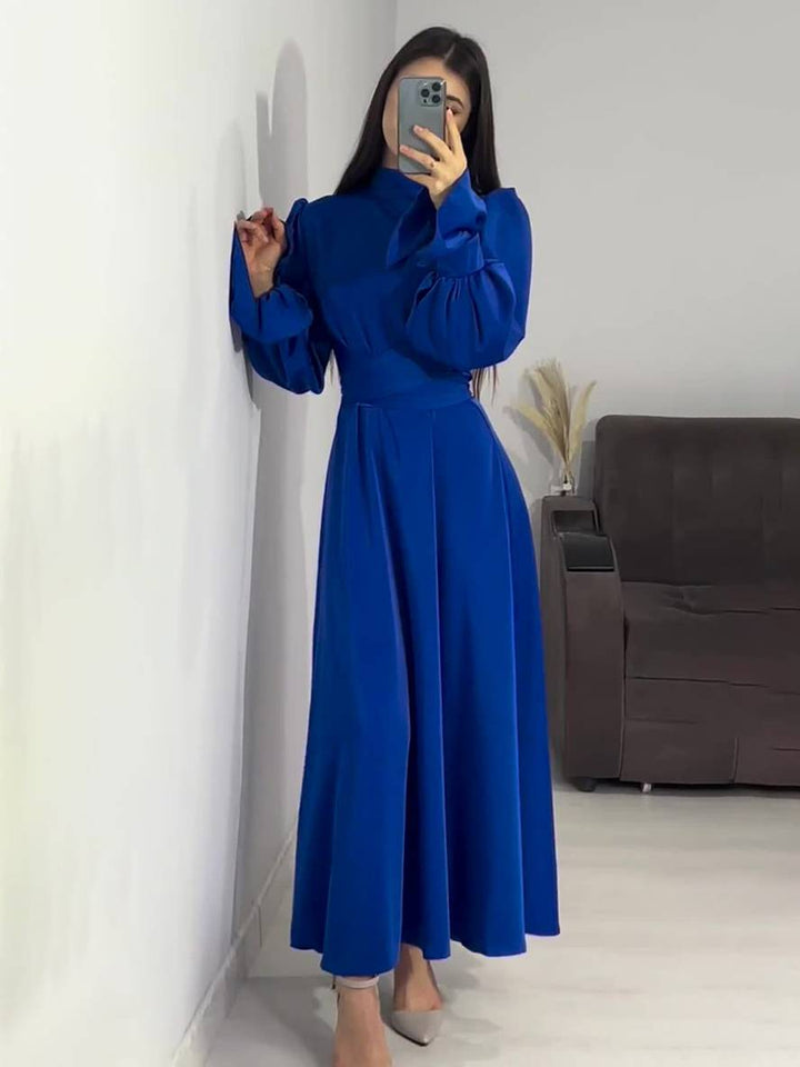 Levoire | Robe Longue À Col Roulé À Manches Volantées Puff Femme Douce Élégante Soirée Anniversaire Cérémonie Bleu saphir