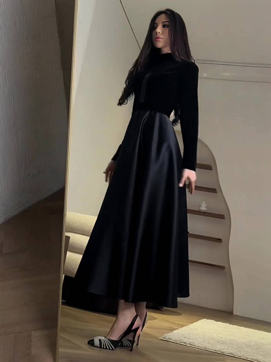 Levoire | Robe Longue En Velours A-Ligne À Encolure Ronde À Manches Longues Pour Femmes Élégante Vintage Décontractée Soirée Bal Prom