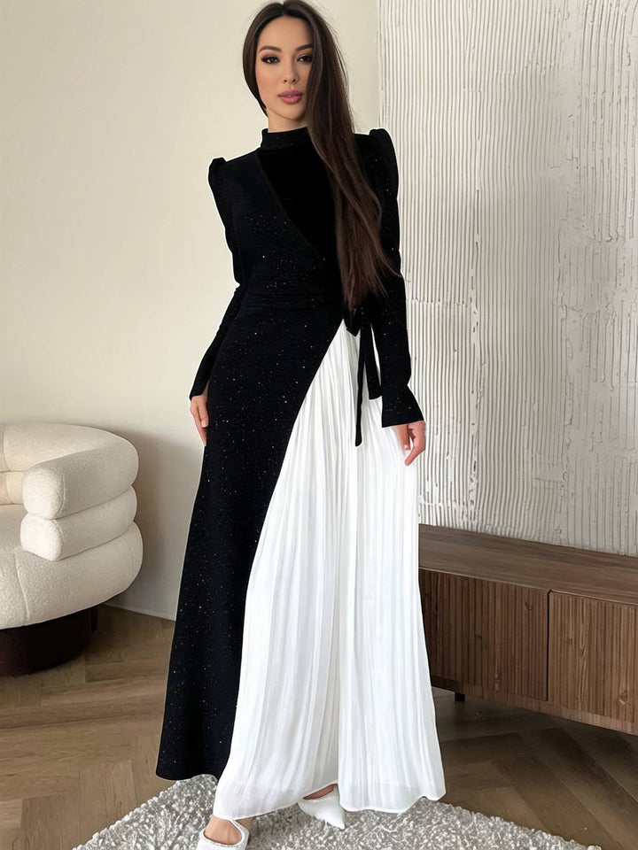 Levoire | Robe Longue À Col Roulé À Contraste De Couleurs Plis Manches Longues Femme Élégante Bal De Fin D'Études Faux Deux Pièces Noir