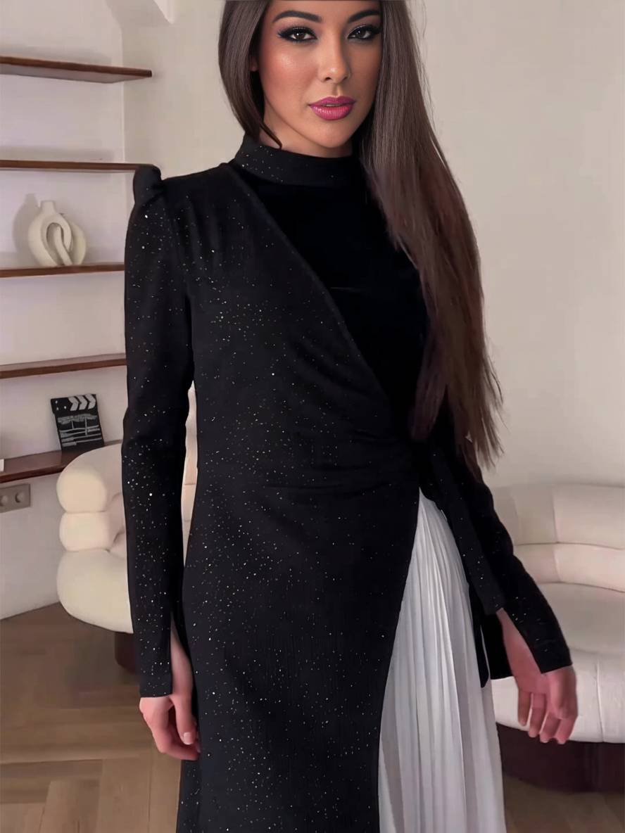 Levoire | Robe Longue À Col Roulé À Contraste De Couleurs Plis Manches Longues Femme Élégante Bal De Fin D'Études Faux Deux Pièces