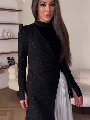Levoire | Robe Longue À Col Roulé À Contraste De Couleurs Plis Manches Longues Femme Élégante Bal De Fin D'Études Faux Deux Pièces