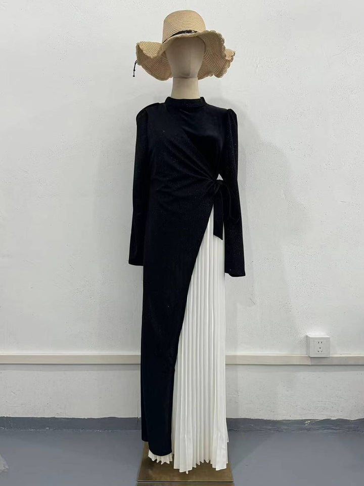 Levoire | Robe Longue À Col Roulé À Contraste De Couleurs Plis Manches Longues Femme Élégante Bal De Fin D'Études Faux Deux Pièces