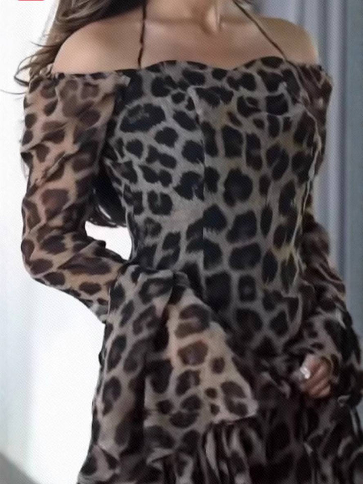 Levoire | Robe Longue En Chiffon Léopard Sans Épaules Col Dos Nu Manches Évasées Manches Longues Pour Femmes Élégante Bal De Fin D'Année