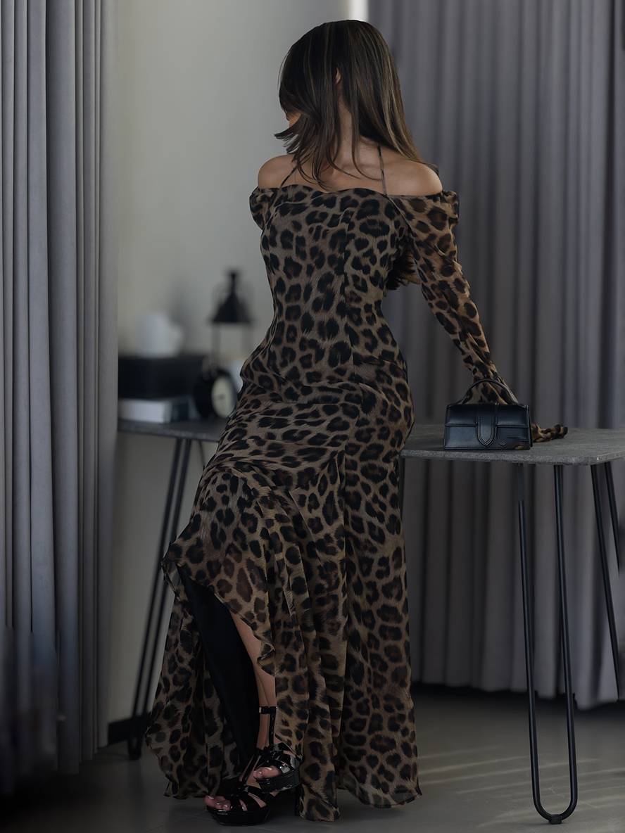 Levoire | Robe Longue En Chiffon Léopard Sans Épaules Col Dos Nu Manches Évasées Manches Longues Pour Femmes Élégante Bal De Fin D'Année