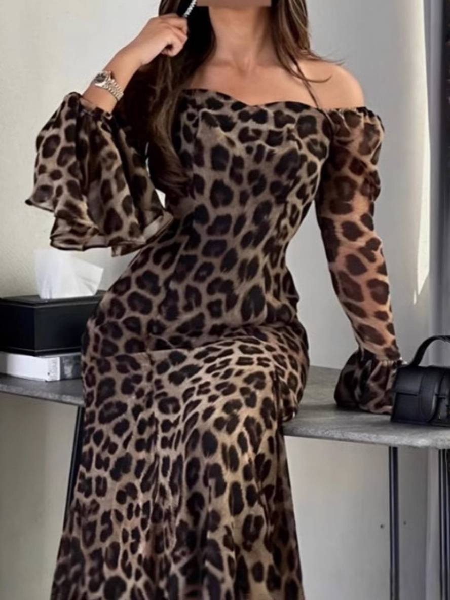 Levoire | Robe Longue En Chiffon Léopard Sans Épaules Col Dos Nu Manches Évasées Manches Longues Pour Femmes Élégante Bal De Fin D'Année