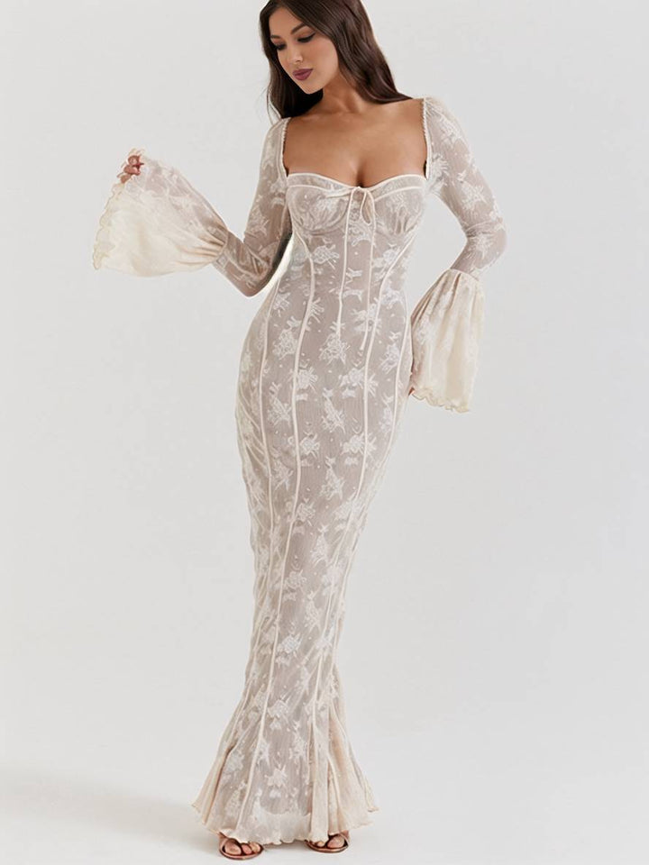 Levoire | Robe Longue En Bustier En Dentelle Ajustée, Dos Ouvert, Décolleté Carré, Manches À Godets, Sirène, Élégante, Bal De Fin D'Année Blanc