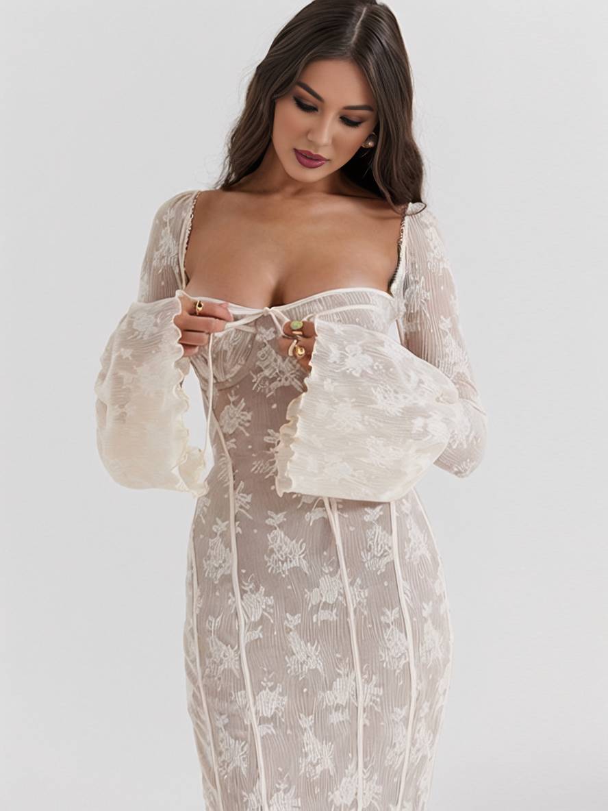 Levoire | Robe Longue En Bustier En Dentelle Ajustée, Dos Ouvert, Décolleté Carré, Manches À Godets, Sirène, Élégante, Bal De Fin D'Année