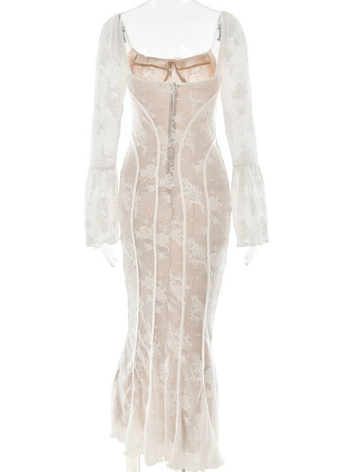 Levoire | Robe Longue En Bustier En Dentelle Ajustée, Dos Ouvert, Décolleté Carré, Manches À Godets, Sirène, Élégante, Bal De Fin D'Année