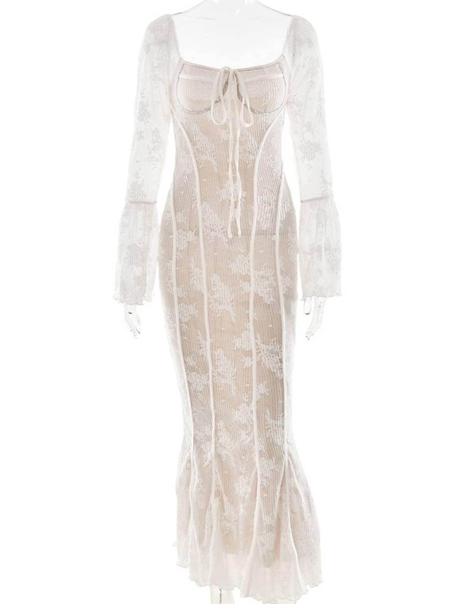 Levoire | Robe Longue En Bustier En Dentelle Ajustée, Dos Ouvert, Décolleté Carré, Manches À Godets, Sirène, Élégante, Bal De Fin D'Année