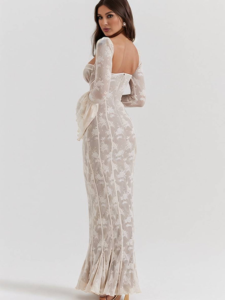 Levoire | Robe Longue En Bustier En Dentelle Ajustée, Dos Ouvert, Décolleté Carré, Manches À Godets, Sirène, Élégante, Bal De Fin D'Année