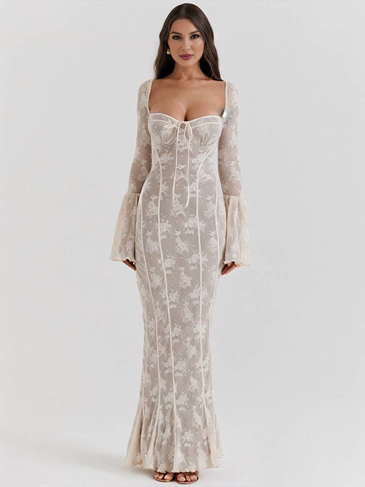 Levoire | Robe Longue En Bustier En Dentelle Ajustée, Dos Ouvert, Décolleté Carré, Manches À Godets, Sirène, Élégante, Bal De Fin D'Année