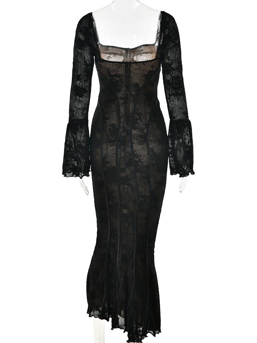 Levoire | Robe Longue En Bustier En Dentelle Ajustée, Dos Ouvert, Décolleté Carré, Manches À Godets, Sirène, Élégante, Bal De Fin D'Année