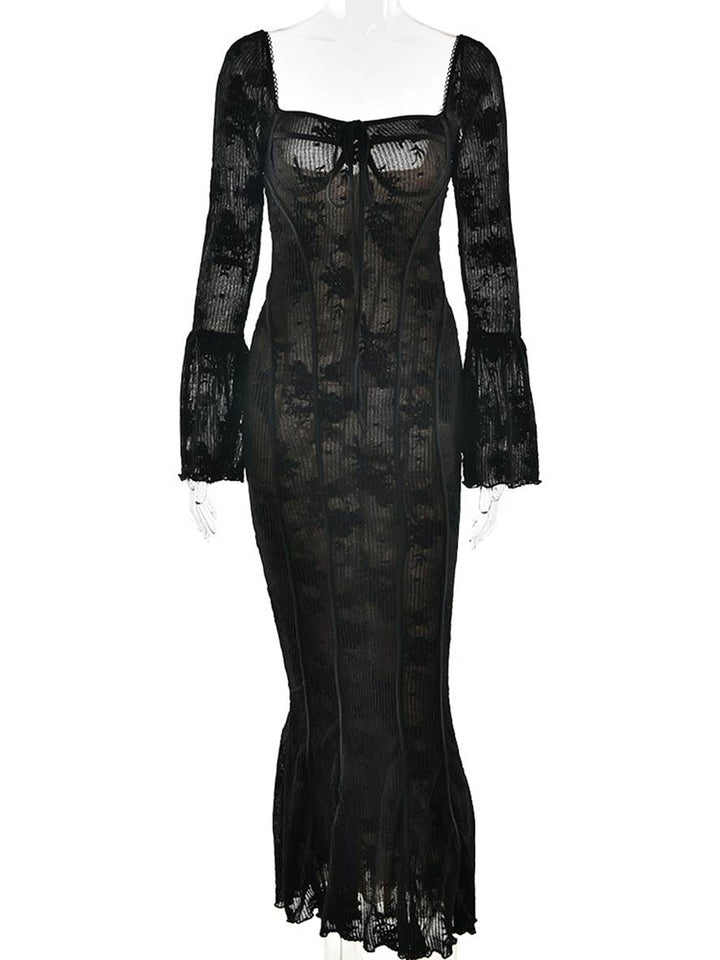 Levoire | Robe Longue En Bustier En Dentelle Ajustée, Dos Ouvert, Décolleté Carré, Manches À Godets, Sirène, Élégante, Bal De Fin D'Année