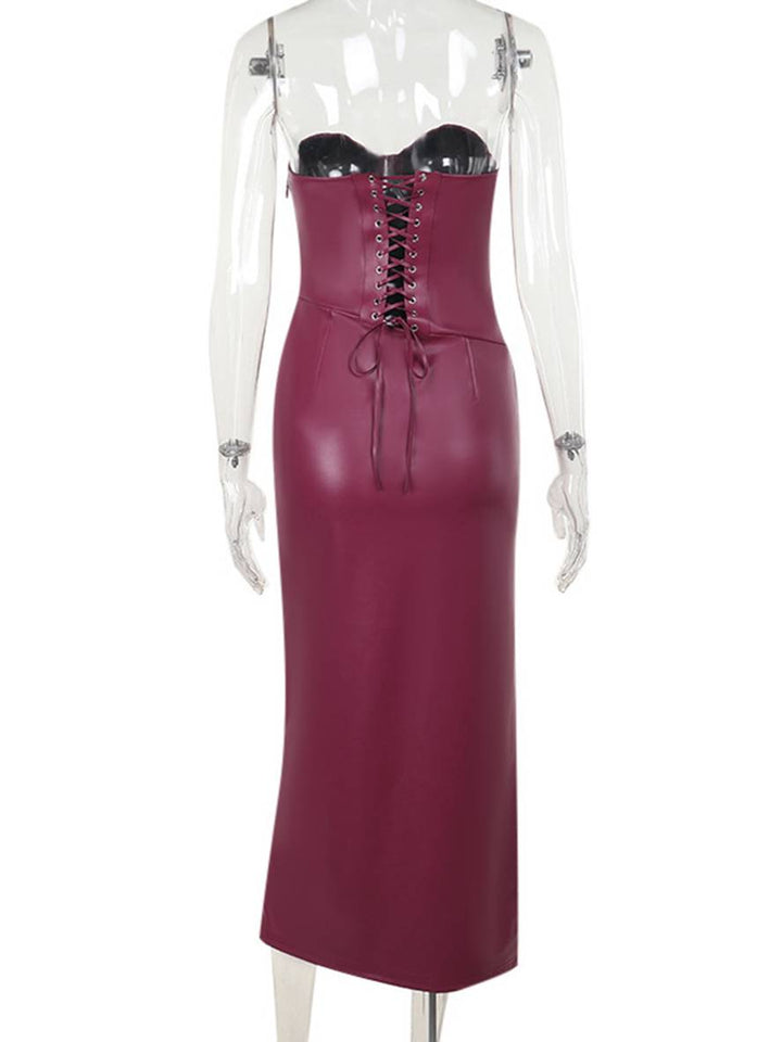 Levoire | Robe En Cuir Longue Bustier Étroit Fente Latérale Sans Manches Femme Élégante Vintage Prom