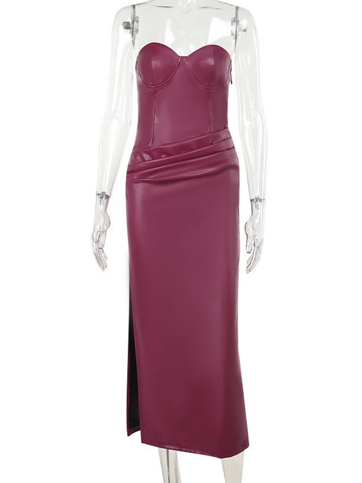 Levoire | Robe En Cuir Longue Bustier Étroit Fente Latérale Sans Manches Femme Élégante Vintage Prom