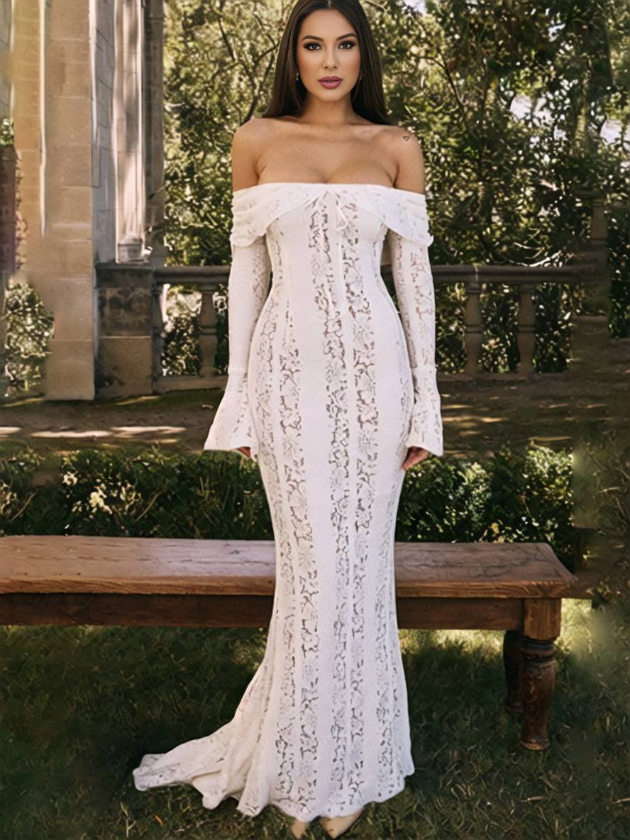 Levoire | Robe Longue À Manches Larges En Dentelle À Décolleté Plongeant Sirène Pour Dames, Élégante Robe De Soirée Pour Mariage