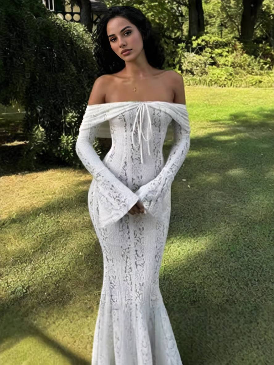 Levoire | Robe Longue À Manches Larges En Dentelle À Décolleté Plongeant Sirène Pour Dames, Élégante Robe De Soirée Pour Mariage
