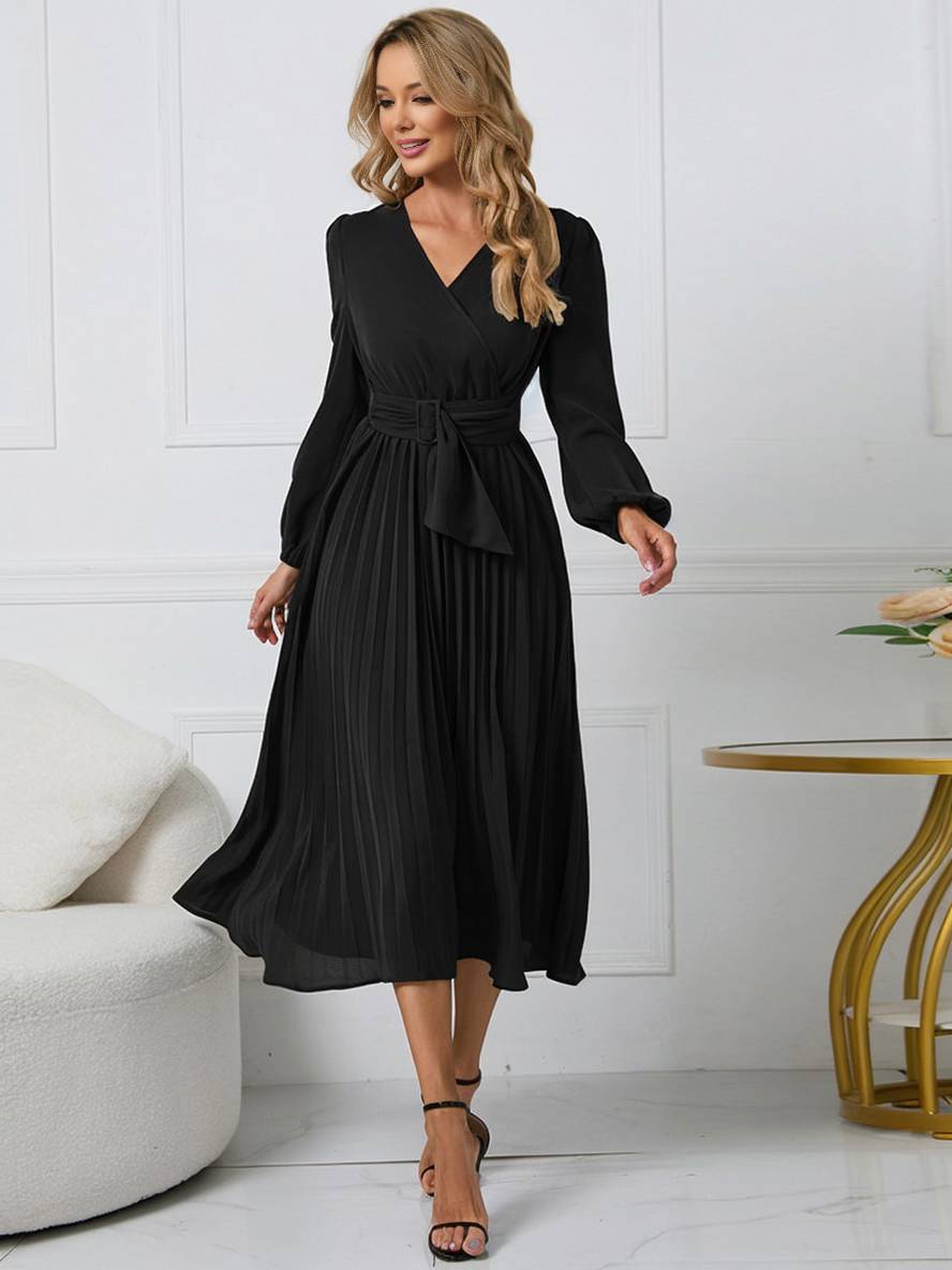 Levoire | Robe Trapèze Plissée Longue Décolleté En V Ceinture Manches Longues Dames Élégante Vintage Soirée Bal Bal De Fin D'Année Noir