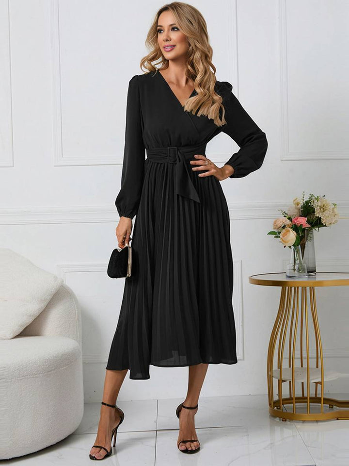 Levoire | Robe Trapèze Plissée Longue Décolleté En V Ceinture Manches Longues Dames Élégante Vintage Soirée Bal Bal De Fin D'Année