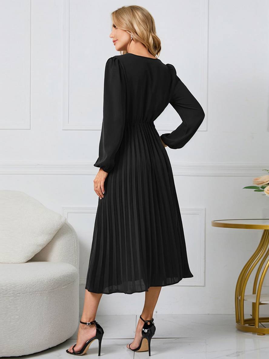 Levoire | Robe Trapèze Plissée Longue Décolleté En V Ceinture Manches Longues Dames Élégante Vintage Soirée Bal Bal De Fin D'Année