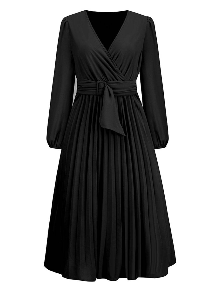 Levoire | Robe Trapèze Plissée Longue Décolleté En V Ceinture Manches Longues Dames Élégante Vintage Soirée Bal Bal De Fin D'Année