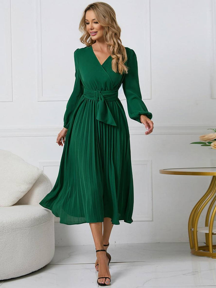 Levoire | Robe Trapèze Plissée Longue Décolleté En V Ceinture Manches Longues Dames Élégante Vintage Soirée Bal Bal De Fin D'Année Vert