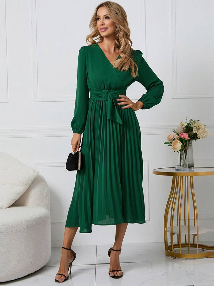 Levoire | Robe Trapèze Plissée Longue Décolleté En V Ceinture Manches Longues Dames Élégante Vintage Soirée Bal Bal De Fin D'Année