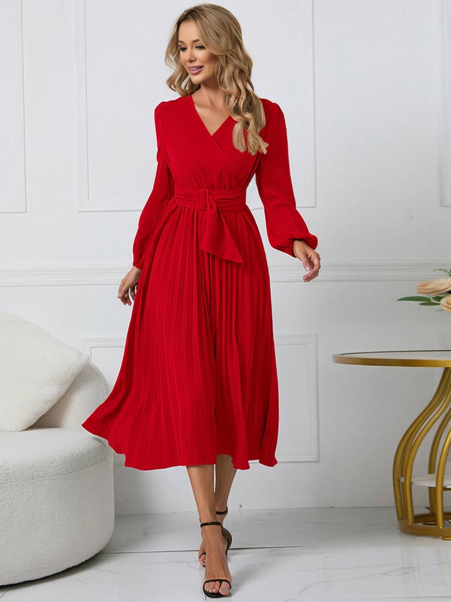 Levoire | Robe Trapèze Plissée Longue Décolleté En V Ceinture Manches Longues Dames Élégante Vintage Soirée Bal Bal De Fin D'Année Rot