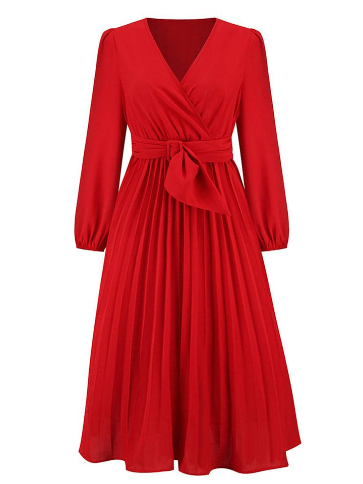 Levoire | Robe Trapèze Plissée Longue Décolleté En V Ceinture Manches Longues Dames Élégante Vintage Soirée Bal Bal De Fin D'Année