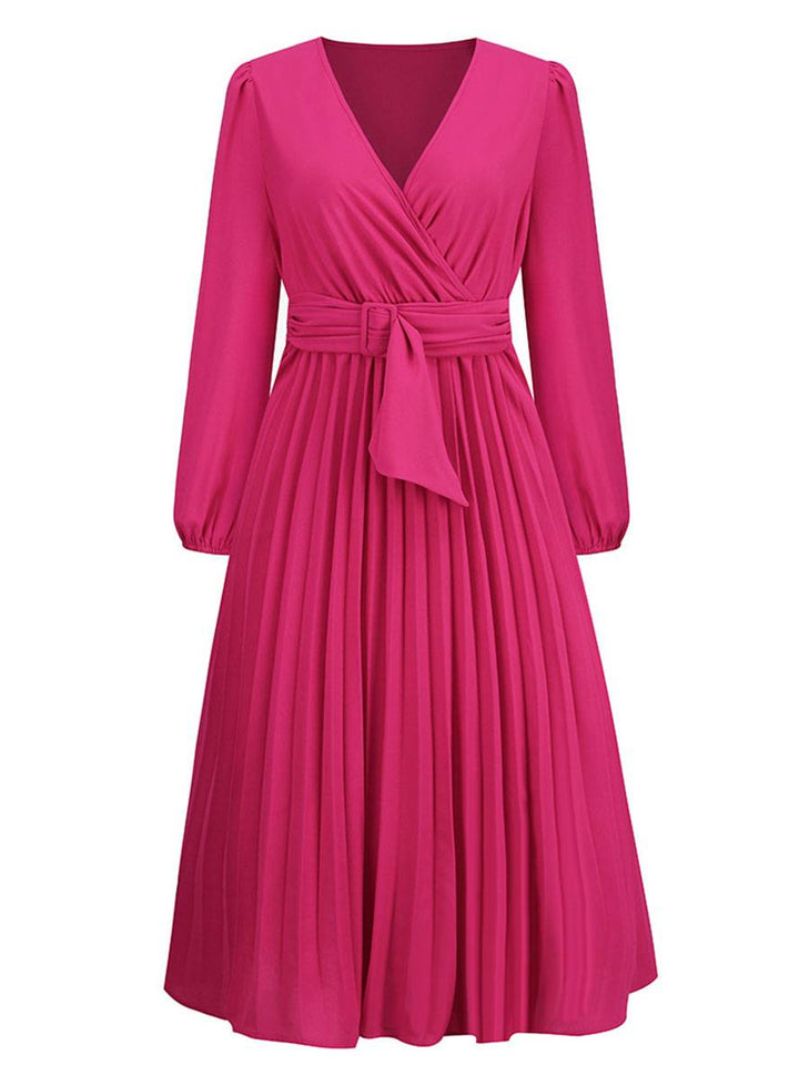 Levoire | Robe Trapèze Plissée Longue Décolleté En V Ceinture Manches Longues Dames Élégante Vintage Soirée Bal Bal De Fin D'Année
