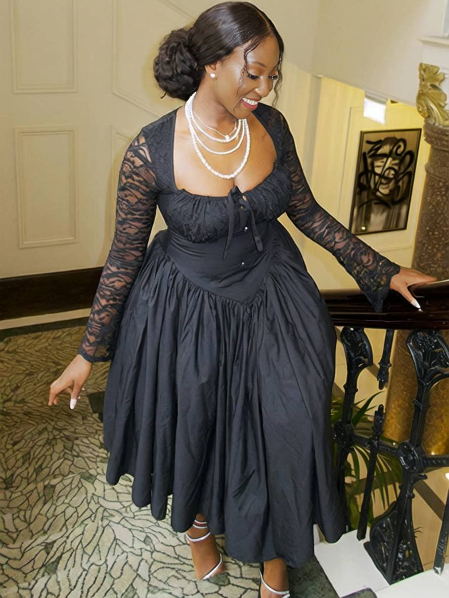 Levoire | Robe Longue En Dentelle Avec Décolleté Carré Robe Élégante Vintage Pour Cocktail De Prom Pour Femme À Manches Longues Noir