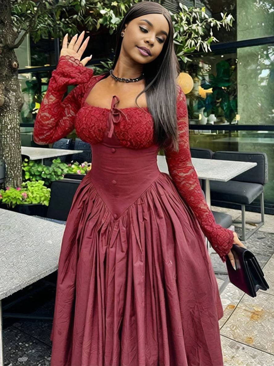 Levoire | Robe Longue En Dentelle Avec Décolleté Carré Robe Élégante Vintage Pour Cocktail De Prom Pour Femme À Manches Longues