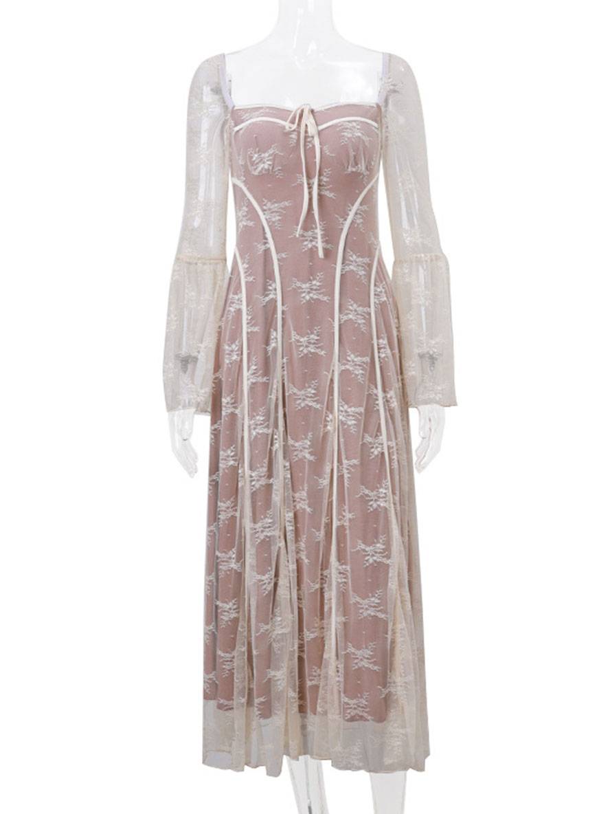 Levoire | Robe Longue En Dentelle Bustier Décolleté Carré Manches Évasées Manches Longues Élégant Vintage Bal De Fin D'Année