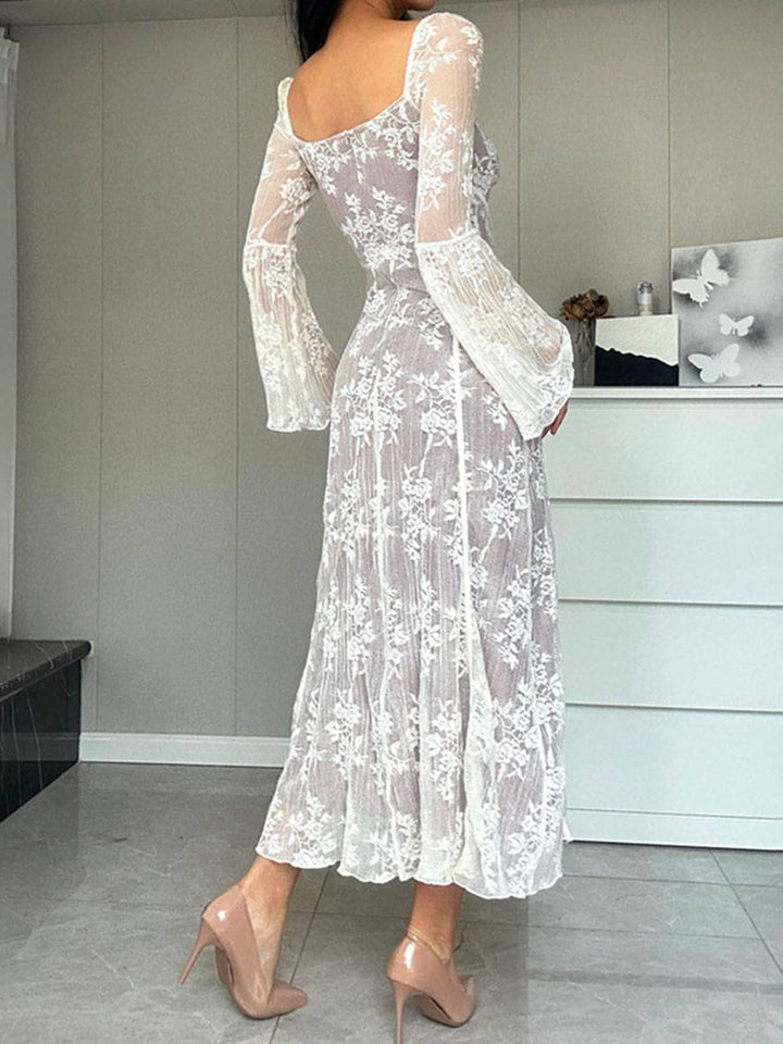 Levoire | Robe Longue En Dentelle Bustier Décolleté Carré Manches Évasées Manches Longues Élégant Vintage Bal De Fin D'Année