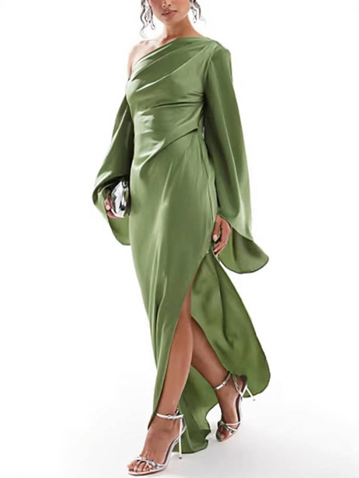 Levoire | Robe Longue À Épaule Unique Fendue En Soie À Manches Cloche Longues Pour Femmes, Robe De Bal Élégante