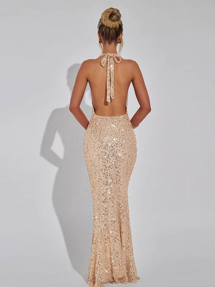 Levoire | Robe Sirène Longue En Sequins Brillante Avec Décolleté Profond Dos Nu Sans Manches Élégante Robe De Soirée Pour Femmes