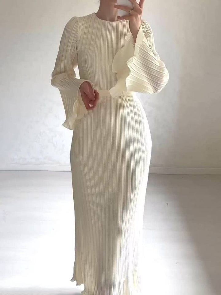 Levoire | Robe Longue Fluide Ceinturée Col Rond À Manches Trompettes Élégante Soirée De Bal Beige