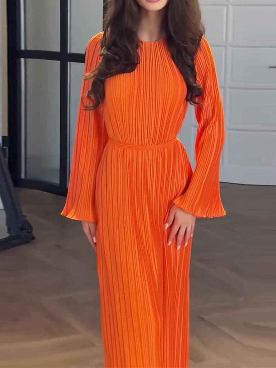 Levoire | Robe Longue Fluide Ceinturée Col Rond À Manches Trompettes Élégante Soirée De Bal