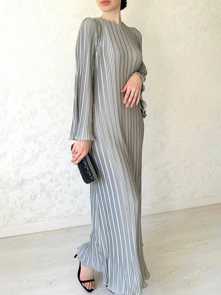 Levoire | Robe Longue Fluide Ceinturée Col Rond À Manches Trompettes Élégante Soirée De Bal Gris