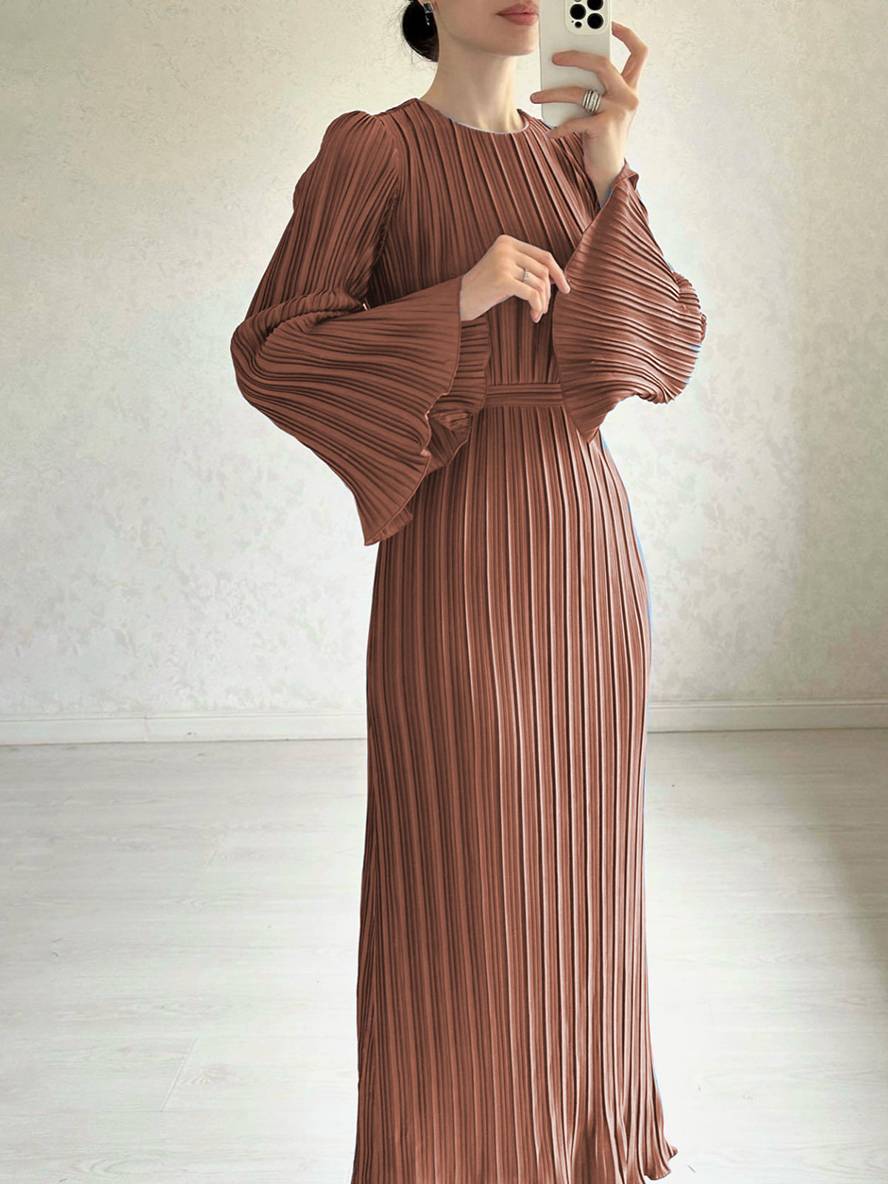 Levoire | Robe Longue Fluide Ceinturée Col Rond À Manches Trompettes Élégante Soirée De Bal Corail