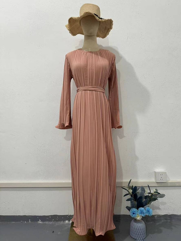 Levoire | Robe Longue Fluide Ceinturée Col Rond À Manches Trompettes Élégante Soirée De Bal