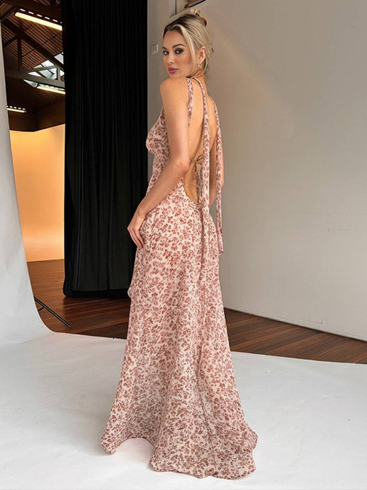 Levoir | Long Robe Bohémienne Irrégulière Motif Floral Fente Sur Le Côté Dos Nu Avec Fins Bretelles Sans Manches Décontractée Plage Femme Rosa