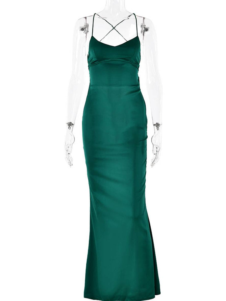 Levoire | Robe Longue En Satin Ajustée Décolleté En V Sirène Dos Nu Avec Fins Bretelles Sans Manches Élégante Invité Mariage Soirée