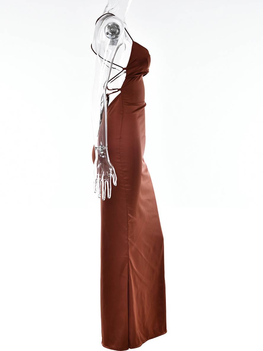 Levoire | Robe Longue En Satin Ajustée Décolleté En V Sirène Dos Nu Avec Fins Bretelles Sans Manches Élégante Invité Mariage Soirée