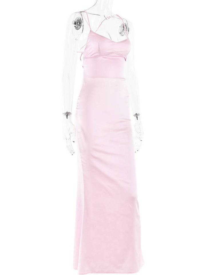 Levoire | Robe Longue En Satin Ajustée Décolleté En V Sirène Dos Nu Avec Fins Bretelles Sans Manches Élégante Invité Mariage Soirée